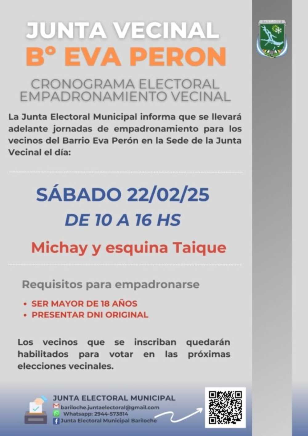 La Junta Electoral Municipal estará empadronando en barrio Eva Perón