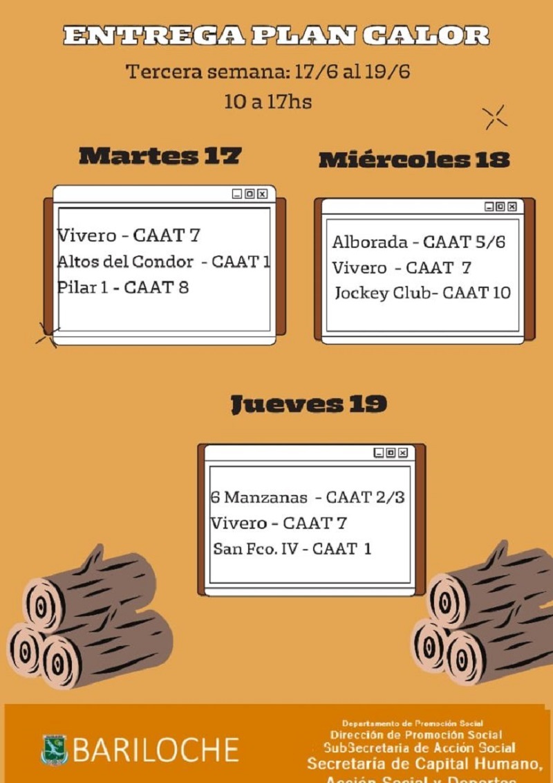 Cronograma de entrega Plan Calor para el martes 17, miércoles 18 y jueves 19 de junio