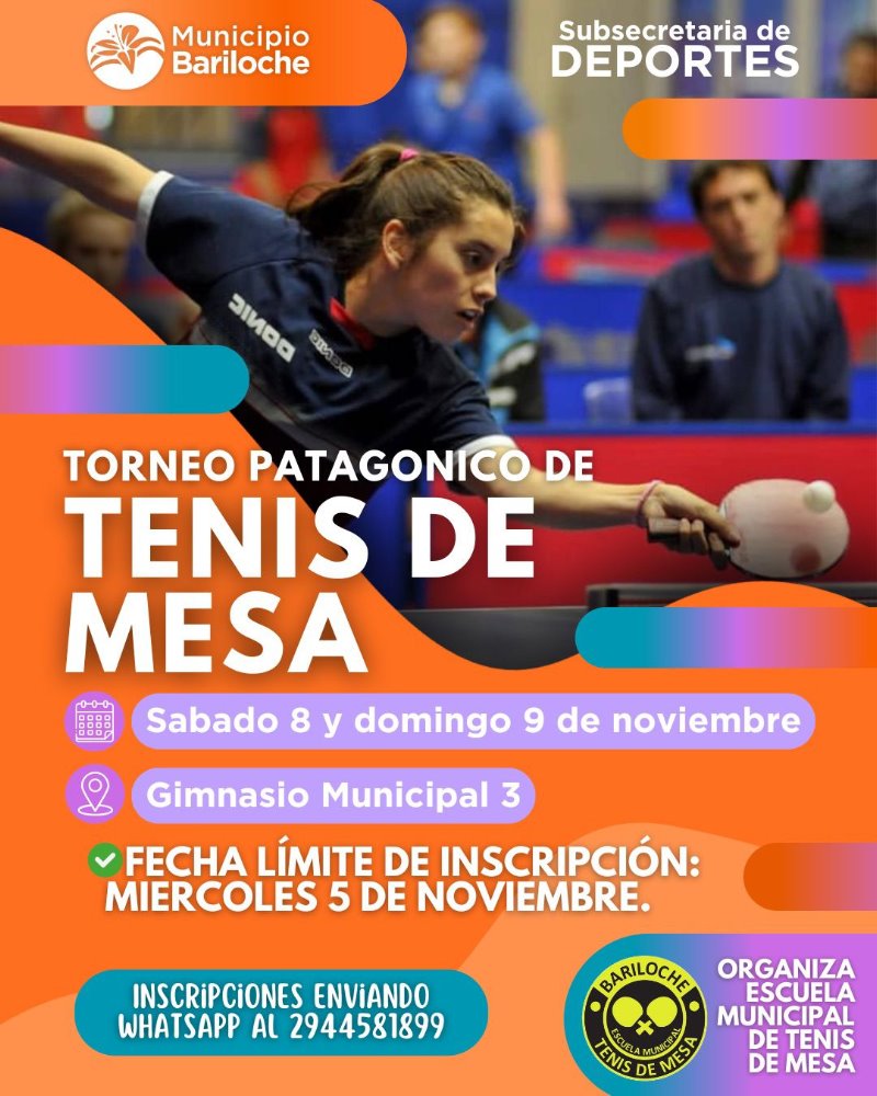 En noviembre, Bariloche vibra con el Tenis de Mesa: llega el Torneo Patagónico al Gimnasio Municipal Nº3